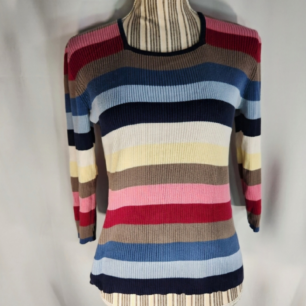 Madison & Max Multi Striped Square Neck Ribbed 3/4 Sleeve Top Size Medium